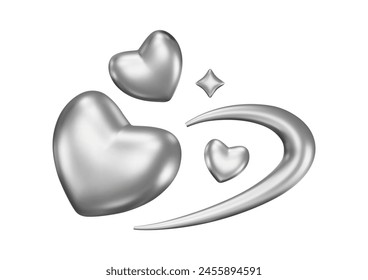 corazones cromados futuristas 3d. Elemento y2k metálico. Abstractas órbita cósmica y estrella. Brillantes Formas cibernéticas, magia geométrica y símbolo de amor. Ilustración techno aislada de Vector. 