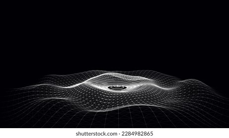 3D futuristic circle wave. Abstract digital background. Glowing music sound wave with dots and lines. Vector technology backdrop with moving white particles. Graphic effect network connection.