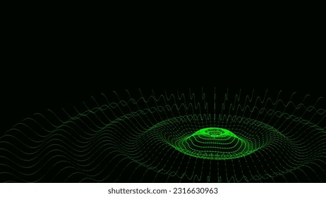 3D futuristic circle wave. Abstract digital background. Glowing music sound wave with dots and lines. Vector technology backdrop with moving green particles. Graphic effect network connection.