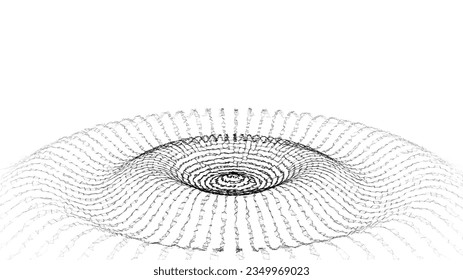 3D futuristic circle wave. Abstract digital background. Glowing music sound wave with dots and lines. Vector technology backdrop with moving white particles. Graphic effect network connection.