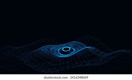 3D futuristic circle wave. Abstract digital background. Glowing music sound wave with dots and lines. Vector technology backdrop with moving blue particles. Graphic effect network connection.