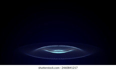 3D futuristic circle wave. Abstract digital background. Glowing music sound wave with dots and lines. Vector technology backdrop with moving blue particles. Graphic effect network connection.