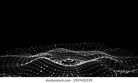 3D futuristic circle wave. Abstract digital background. Glowing music sound wave with dots and lines. Vector technology backdrop with moving black particles. Graphic effect network connection.
