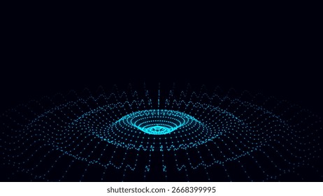 Onda circular futurista 3D. Resumo digital. Onda de som de música brilhante com pontos e linhas. Tela de fundo da tecnologia de vetor com partículas azuis em movimento. Conexão de rede de efeito gráfico.
