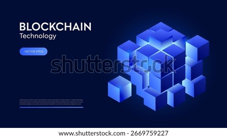 3D futuristic cube for blockchain technology. Hitech innovation for bigdata and artificial intelligence. Abstract digit block for AI artificial intelligence tech backgrounds. Blue box geometric vector