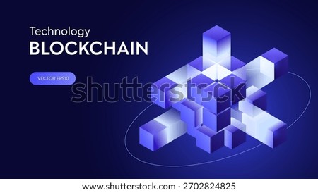 3D futuristic cube blockchain technology. Hitech innovation Big data and artificial intelligence. Abstract digit block for AI artificial intelligence tech backgrounds. Purple box geometric vector