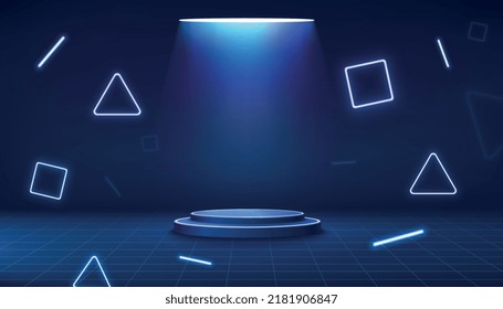 3D futuristic cylindrical podium with bright glow from above on blue background with neon lights. Sci-fi pedestal with geometric fluorescent shapes.