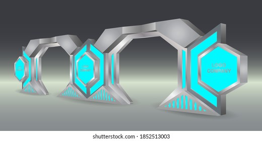 3d entrada de túnel digital futurista de alta tecnología de entrada por puerta con la marca de logotipo en blanco y foco. Vector editable aislado.