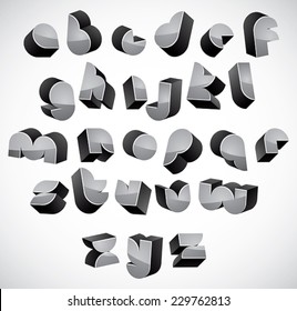 3d futuristic font, geometric dimensional letters set, monochrome alphabet for design.