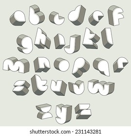 3d futuristic font, geometric dimensional letters set, monochrome alphabet for design.
