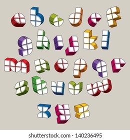 3d futuristic font made with boxes, vector bright and colorful letters, geometric dimensional alphabet, best for use in advertising and web design.