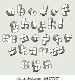 3d futuristic font made with boxes, geometric dimensional letters set, monochrome alphabet for design.