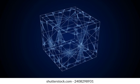 3D futuristic geometric cube with blue dots and lines. Abstract wireframe blockchain. Science vector background. Structure technology network connection. Ai in dark cyberspace background.