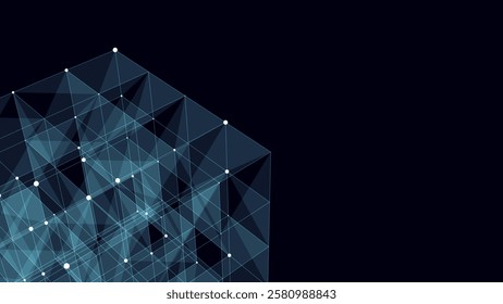 3D futuristic geometric cube with blue dots and lines. Abstract wireframe blockchain. Science vector background. Structure technology network connection. Ai in dark cyberspace background.