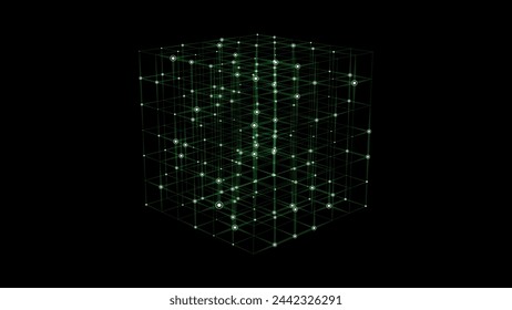 3D futuristic geometric cube with green dots and lines. Abstract wireframe blockchain. Science vector background. Structure technology network connection. Ai in dark cyberspace background.