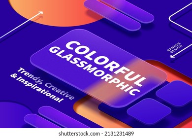 3d futuristic glass morphism background design. Matte rectangular glass plate floating above indigo blue and orange geometric shapes.