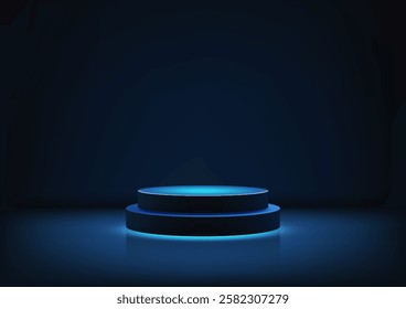 3D futuristic glowing blue circular platform or podium with vibrant light reflections, showcasing modern technology and minimalist design in a sleek, perfect for tech concepts and digital art