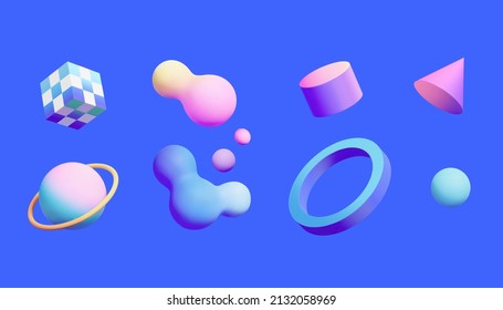 3d futuristic gradient geometric shapes, including fluid bubbles, ring, sphere, cube, and cone. Isolated blue background.