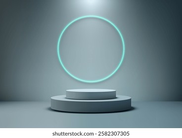 3D futuristic gray platform spotlighted from above, with a vibrant cyan circle adding a bold luminous accent, perfect for technology concepts and modern mockups