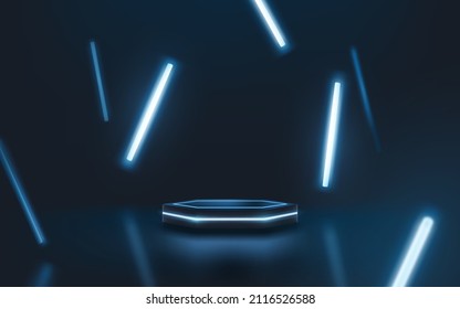 3d Futuristic hexagonal Podium for gadget display in blue background with flourescent long lamp light. Hexagon podium vector for technology, device, handphone, laptop, etc