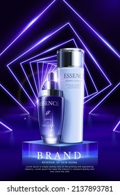 3d futuristic and luxury cosmetic product ad template. Glass bottle and dropper bottle displayed on glass stage with geometric neon light decor.