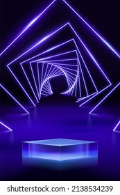 3d Futuristic And Luxury Product Display Background. Glass Cube Stage With Geometric Neon Light Decor.