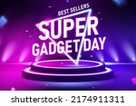 3d futuristic neon gadget sale ad template. Script displayed on podium with laser light beaming in the back.