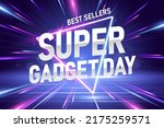 3d futuristic neon gadget sale ad template. Silver script and beaming triangle in a speedy laser light hyperspace.