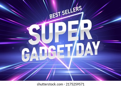 3d futuristic neon gadget sale ad template. Silver script and beaming triangle in a speedy laser light hyperspace.