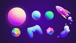 3d Futuristic Neon Gradient Object Collection, Including Sphere, Space Rocket, Game Controller, Polyhedron, Cube And Fluid Bubbles.