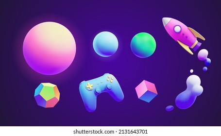 3d futuristic neon gradient object collection  including sphere  space rocket  game controller  polyhedron  cube   fluid bubbles 