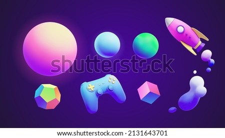 3d futuristic neon gradient object collection, including sphere, space rocket, game controller, polyhedron, cube and fluid bubbles.