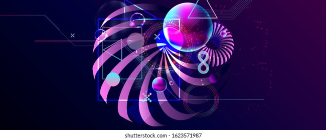 3d futuristic neon space background with planets and geometric elements. Abstraction background