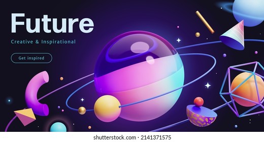3d futuristic neon space banner template. Composition of little geometric shapes orbiting a huge glass sphere.