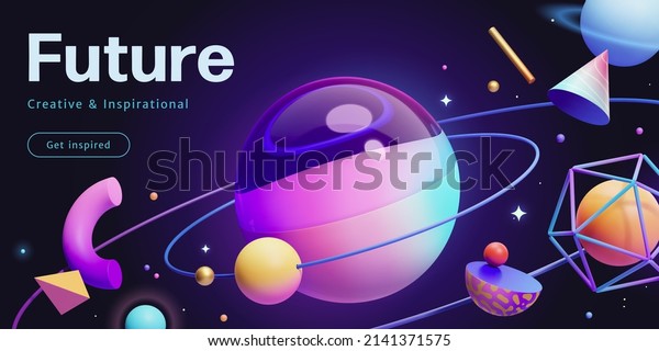 3d\
futuristic neon space banner template. Composition of little\
geometric shapes orbiting a huge glass\
sphere.