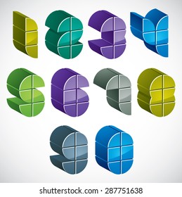 3d futuristic numbers set in blue and green colors, colorful glossy numerals for advertising and web design.