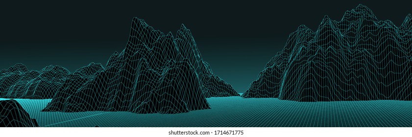 3d futuristic panoramic wireframe mountain landscape vector illustration