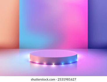 3D futuristic podium is illuminated by colorful lights set against a soft gradient background, sleek and modern stage for product display, mockups, and technology showcases