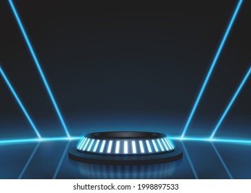 3d Futuristic Podium for technology product display in black background with blue neon light. Cylinder podium vector for gadget, device, electricity, mechine, etc