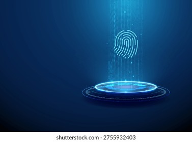 3d futuristic podium with vertical stream of data points with blue fingerprint. Biometric data visualization, secure identity verification, digital authentication flow concept. Futuristic style Vector(Multiple values)
