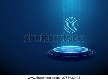 3d futuristic podium with vertical stream of data points with blue fingerprint. Biometric data visualization, secure identity verification, digital authentication flow concept. Futuristic style Vector(Multiple values)