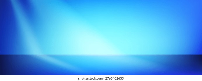 3d futuristic product background. Blue limbo bg with studio surface and window sunlight on back. Elegant horizontal showroom banner for webpage. Abstract photo space render scene design in vector.