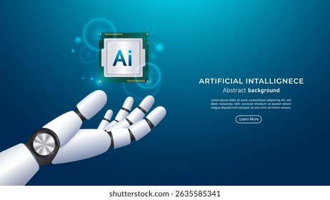 3D A futuristic robotic hand holding an AI chipset. Future cybernetic artificial intelligence, innovation and Machine learning. Big data and deep learning technology concept. Vector illustration.