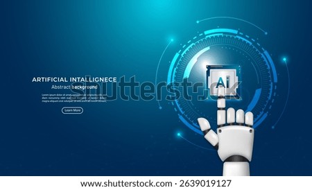 3D A futuristic robotic hand pointing at AI chips. Future cybernetic artificial intelligence, innovation and Machine learning. Big data and deep learning technology concept. Vector illustration.
