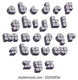 3d futuristic round font made with blocks, monochrome three-dimensional alphabet, geometric letters for design.