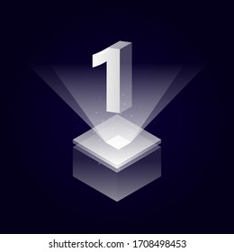 3d futuristic silver white solid number vector on square platform, shiny digital isometric count illustration with spotlight shimmer on light cube stage, technology typography of number one 1 symbol