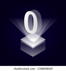 3d futuristic silver white solid number vector on square platform, shiny digital isometric count illustration with spotlight shimmer on light cube stage, technology typography of number zero 0 symbol