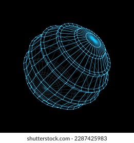 3d futuristic sphere and ball shape. Virtual dimensional grid hologram, vector futuristic ball mesh or data visualization geometric, digital structure. Cyber 3d wireframe sphere