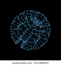 3d esfera futurista y modelo virtual de forma de bola. Estructura geométrica futurista, tecnología digital, bola vectorial de cuadrícula dimensional o esfera virtual 3d. Marco inalámbrico o forma poligonal en el ciberespacio