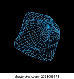 3d futuristic sphere and bent wireframe ball shape. Cyber wireframe hologram, futuristic mesh vector sphere model or dimensional grid structure. Digital technology wire ball, data visualization shape